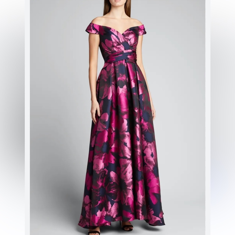 Carmen Marc Valvo Off-Shoulder Floral Maxi Dress in Fuchsia and Navy